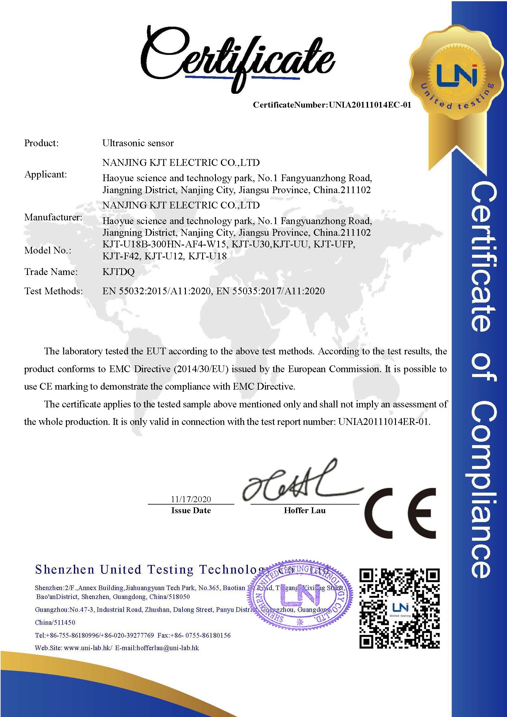超声波传感器CE认证
